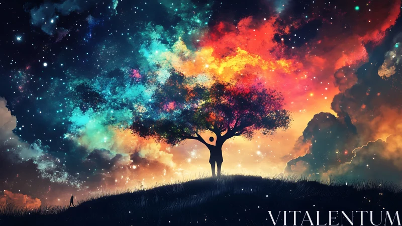 Silhouetted dreamer embraces a cosmic, rainbow-lit tree.