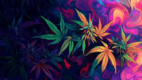 Psychedelic cannabis garden blazing through liquid neon night.