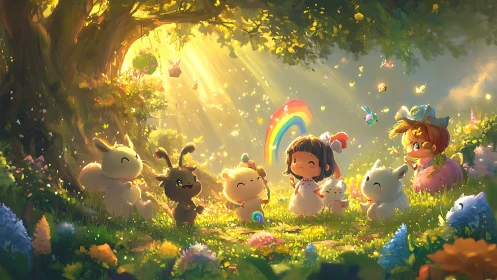 Magical forest picnic with girl, rainbow and cute creatures.