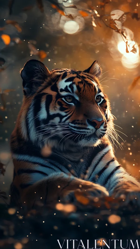 Backlit tiger portrait with shallow depth and warm bokeh field