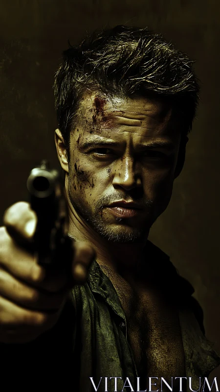 Close-up gritty portrait of armed man using shallow depth of field