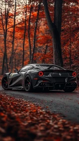 Black sports coupe on forest road in autumn foliage setting.