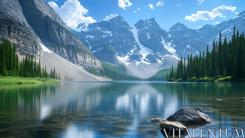 Mountain lake reflection under clear blue summer sky.