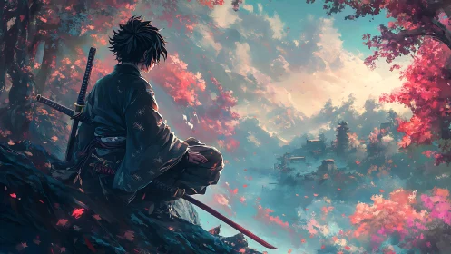 Samurai daydream beneath painted autumn skies of calm.