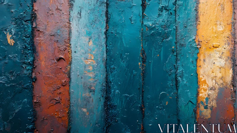 Textured abstract painting with vertical blue, rust, and yellow stripes.