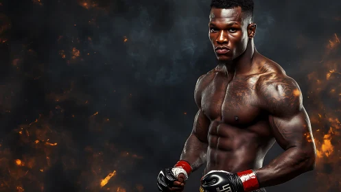 Muscular athlete in boxing gloves against fire effect background