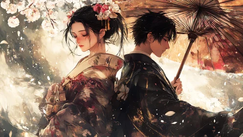 Elegant kimono couple beneath sakura blossoms in soft light.