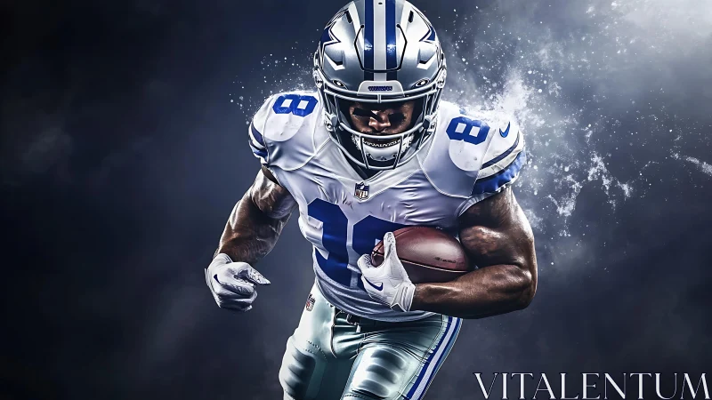 Dallas football runner drives forward through explosive mist