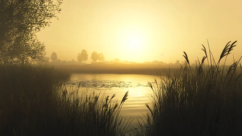 Golden lake sunrise across quiet reeds and distant trees.