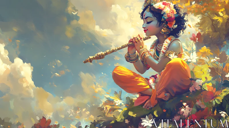 Digital painting of serene flute player amid celestial flora.