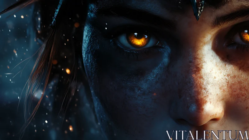 Close view of freckled face with glowing amber eyes.