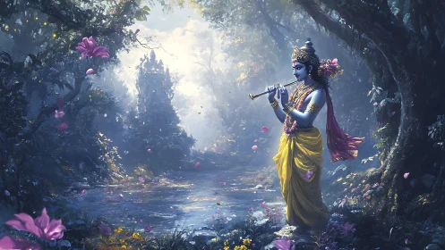 Divine blue figure plays flute beside misted forest river