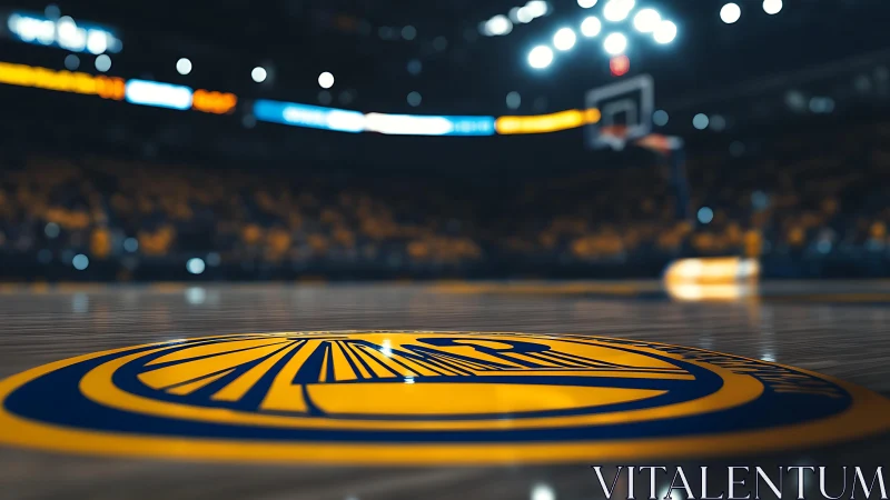 Basketball court logo gleams beneath arena lights at night.