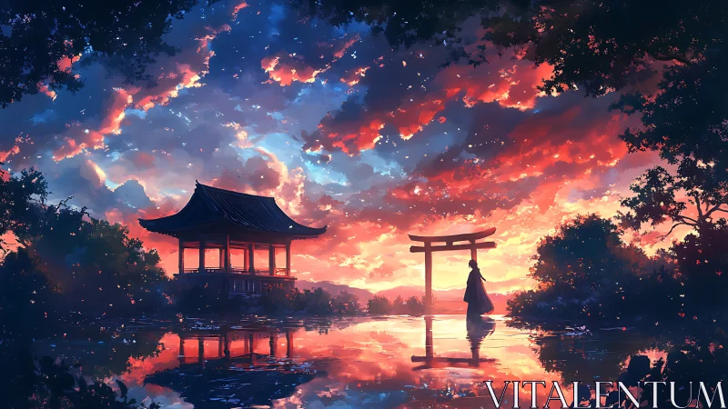 Sunset shrine reflection frames lone figure by torii gate