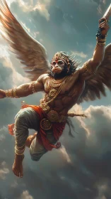 Skyborne monkey warrior streaking through storm-soft clouds.