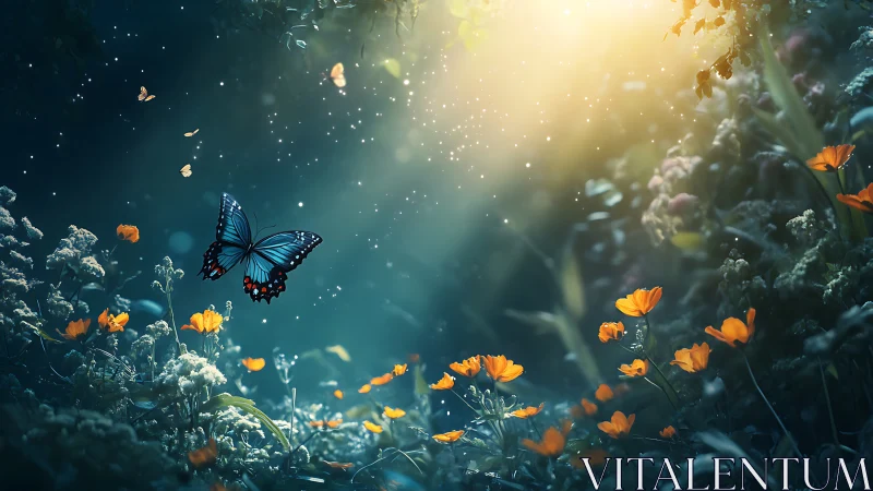 Bioluminescent butterfly hovers above glowing wildflower meadow