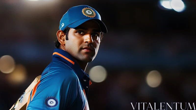 Cricket player stands in stadium wearing blue India jersey