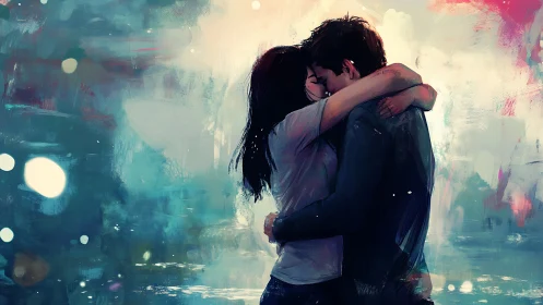 Embraced Figures in Atmospheric Urban Dreamscape with Bokeh Lighting.