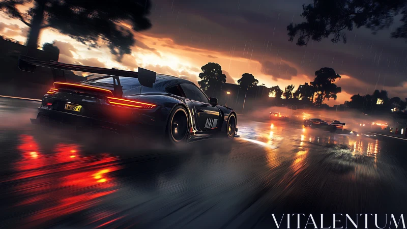 Sports car drifts through wet racetrack at dusk in rain