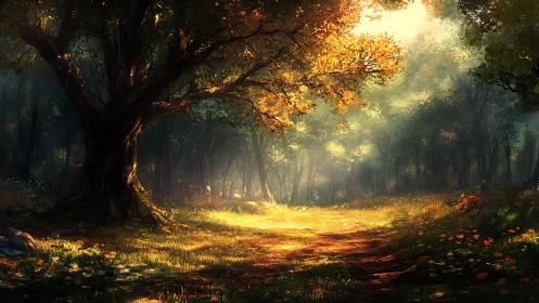 Enchanted Forest Glade Bathed in Golden Sunlight