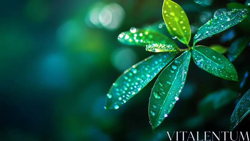 Macro leaf study with dewdrops and high-bokeh background.