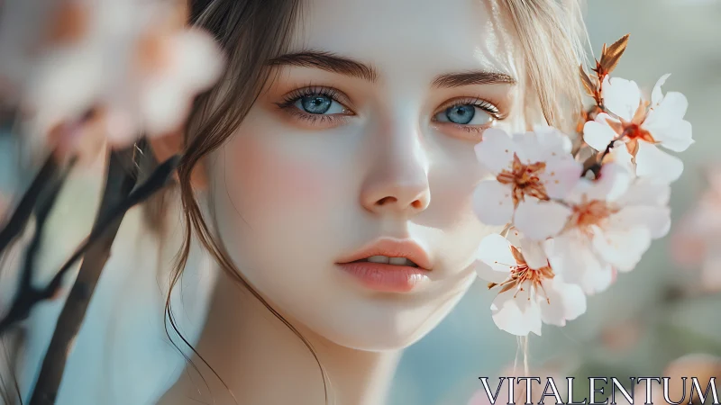 Gentle blue eyed girl framed by soft spring blossoms.