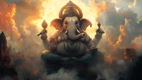 Celestial elephantiform deity in volumetric atmospheric bloom.