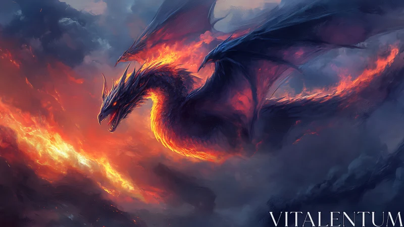 Inferno dragon soaring through stormlit burning sky.