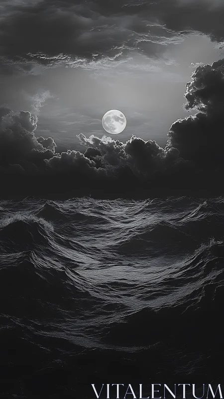 Moonlit storm sea under dramatic monochrome clouds.