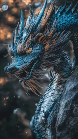 Blue scaled dragon close-up with detailed horns and mane.