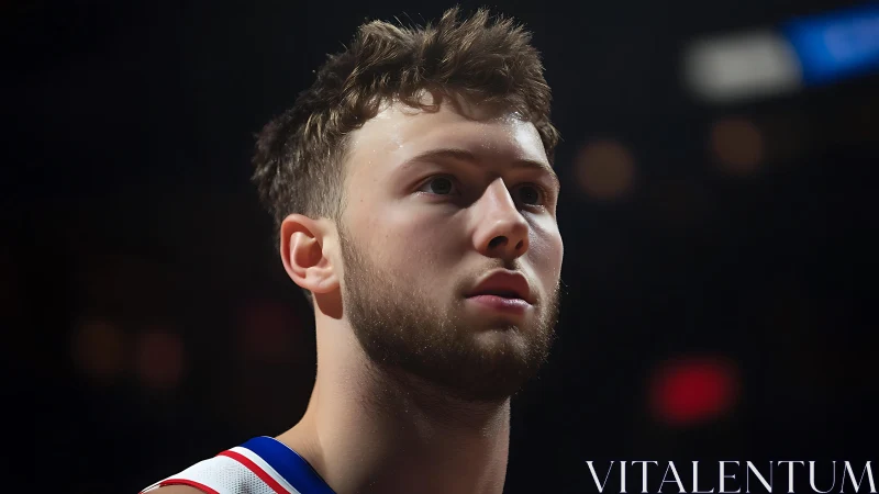 Male basketball player in close-up arena portrait at game.