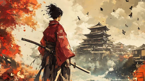 Lone samurai gazes toward an ancient sunlit fortress.