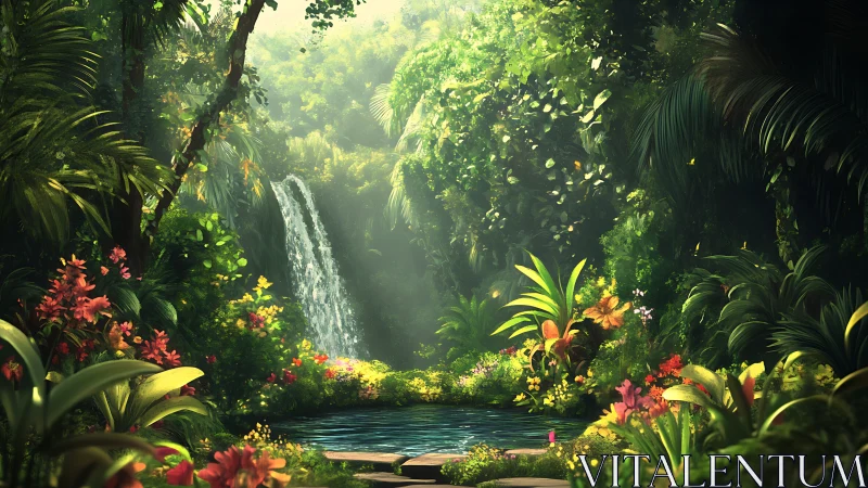 Hidden jungle waterfall oasis glows in lush morning light.