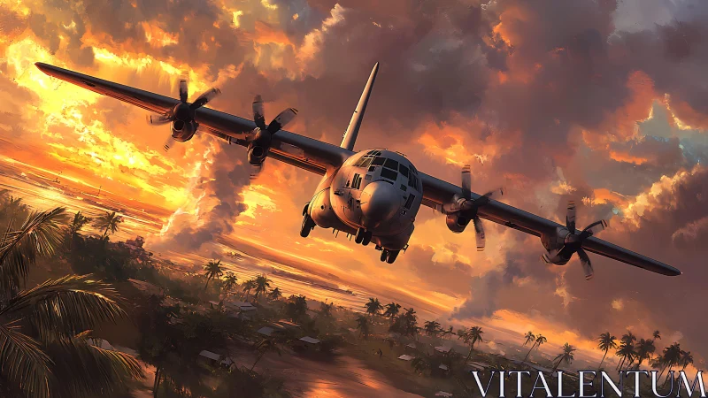 Military transport aircraft over tropical coast at dusk.