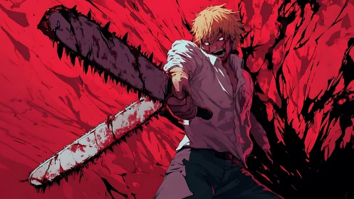 Chainsaw-wielding figure in blood-splattered red backdrop.