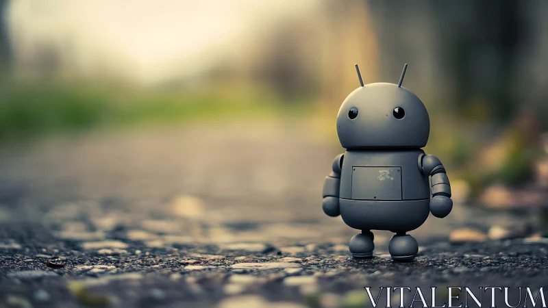 Tiny gray robot toy stands on blurred sunlit street.