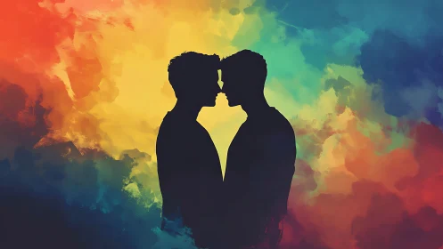 Two silhouettes kiss against vibrant rainbow gradient background.