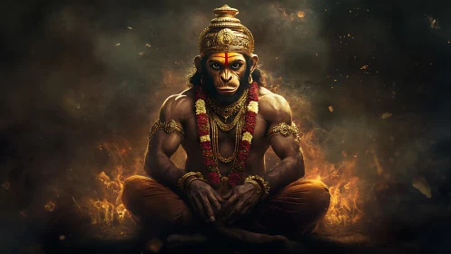 Fiery simian warrior sage in divine molten twilight meditation.