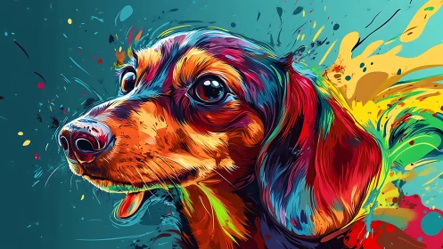 Vibrant digital painting of a dachshund with explosive color fields.