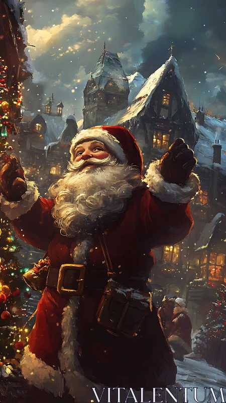 Santa Claus in snowy village street under warm lights.