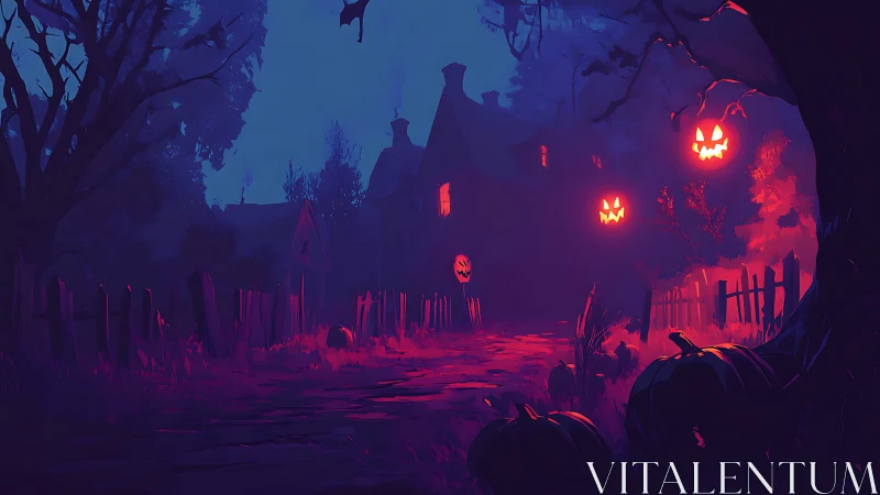 Halloween path with pumpkins leading to distant old house.