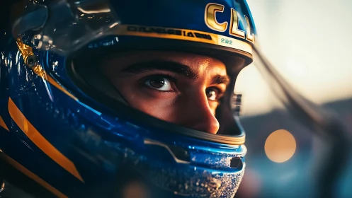 Close-up racing helmet portrait uses shallow depth of field