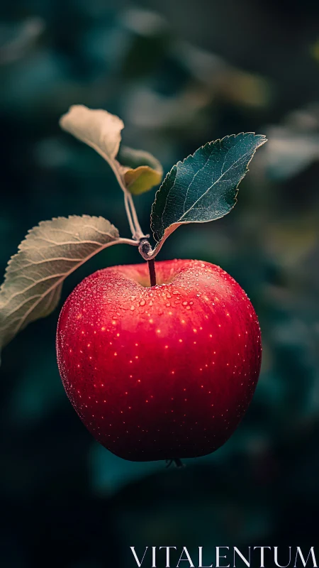 Red apple on branch with dew against dark blurred background.