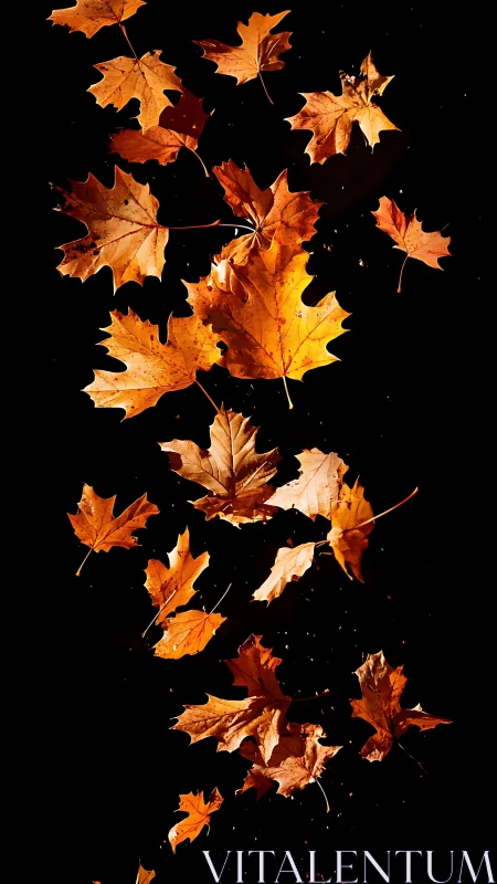 Golden fall leaves drifting gently through the darkness.