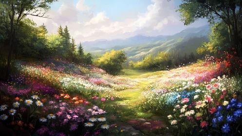 Sunlit wildflower valley with distant blue mountain ridges.