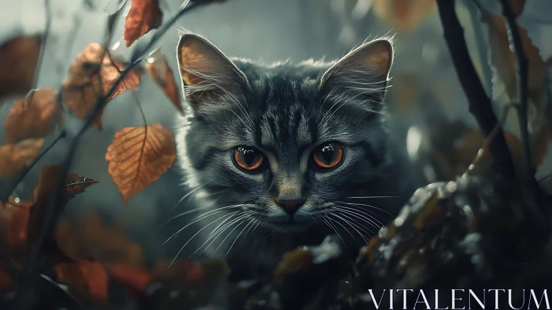 Black Cat with Amber Eyes Among Autumn Leaves.