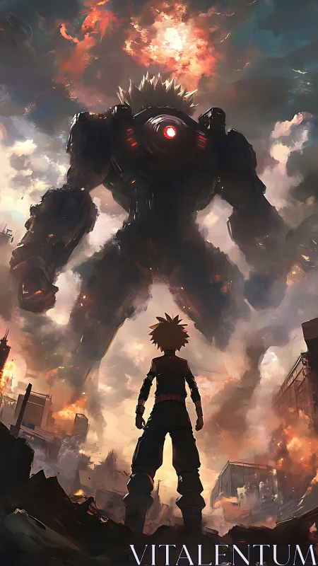 Lone anime hero confronts colossal battle mech in ruins.