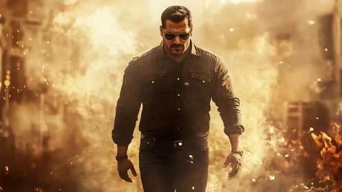 Action hero strides through explosive dust in warm cinematic light