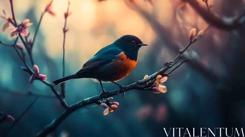 Vibrant Orange-Breasted Bird on Blossoming Branch in Dreamy Light.