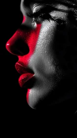 Red-lit profile carves a glossy mask from shadow and light.